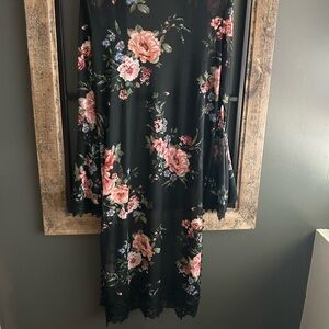 Floral Black Swim Coverup with Pink and Green Accents